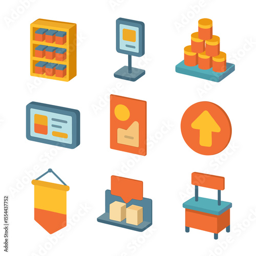 Retail Merchandising Icons. Isometric Flat icon set of in-store merchandising: shelf display, point-of-sale stand, product pyramid