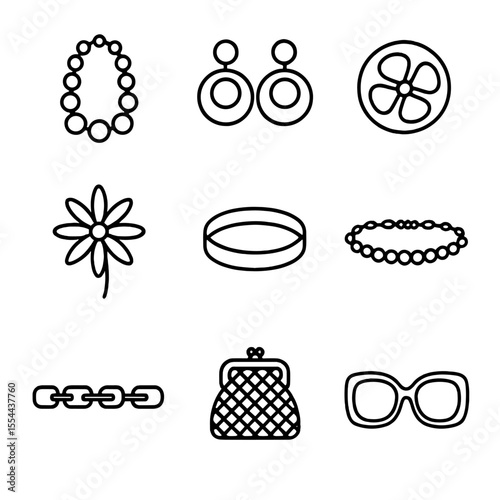 Retro Jewelry Icons. Outline icon set of Retro 1960s Costume Jewelry: chunky plastic bead necklace, oversized acrylic earrings,