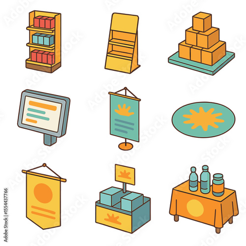 Retail Merchandising Icons. Isometric Flat icon set of in-store merchandising: shelf display, point-of-sale stand, product pyramid