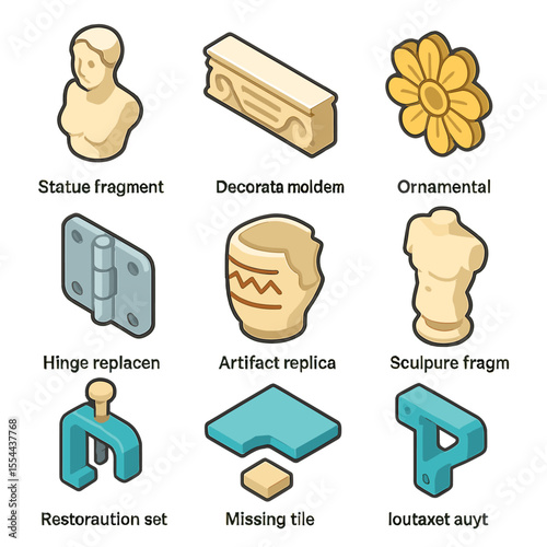 3D Restoration Icon Set. Isometric Flat icon set of 3D-printed restoration parts: statue fragment, decorative molding, ornamental