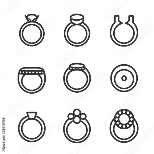 Ring Settings Icons. Outline icon set of ring settings close-up: prong setting, bezel setting, tension setting, channel setting,