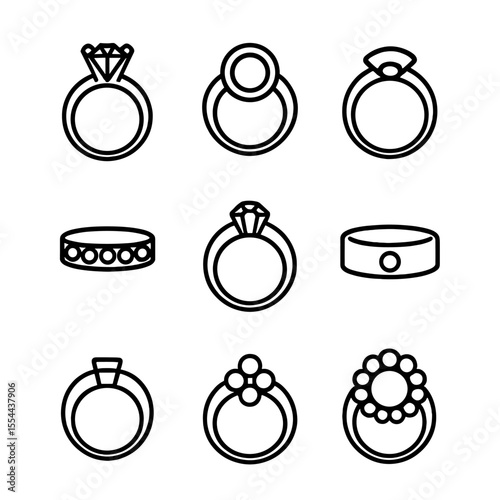 Ring Settings Icons. Outline icon set of ring settings close-up: prong setting, bezel setting, tension setting, channel setting,