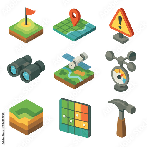 Risk Analysis Icons. Isometric Flat icon set of risk assessment and terrain analysis: elevation model, grid map, hazard marker,