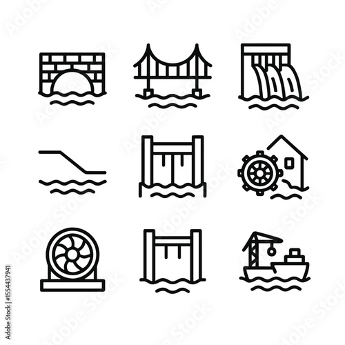 River Infrastructure Icons. Outline icon set of River Infrastructure: stone bridge, suspension bridge, dam, levee, canal lock,