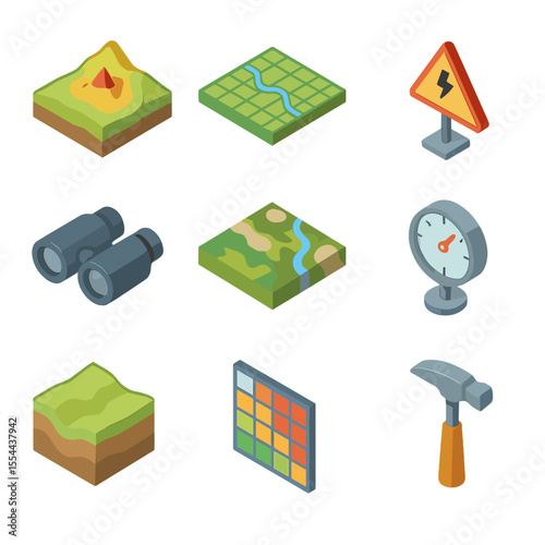 Risk Analysis Icons. Isometric Flat icon set of risk assessment and terrain analysis: elevation model, grid map, hazard marker,