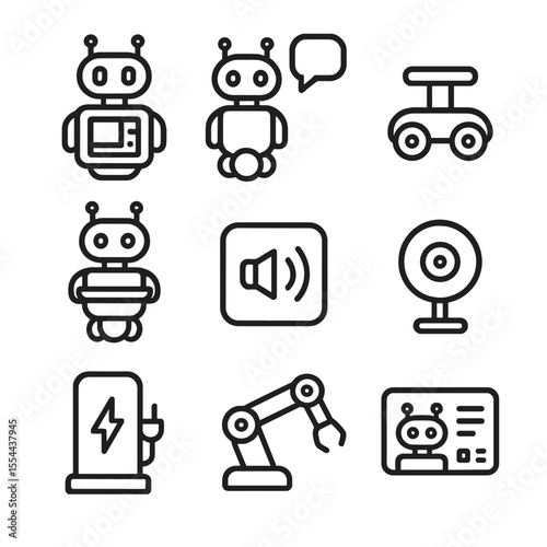 Robot Icons Grid. Outline icon set of Service and Companion Robots: touchscreen panel, speech bubble icon, wheelbase, delivery