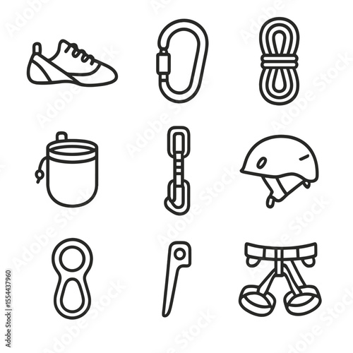 Rock Climbing Gear Icons. Outline icon set of Rock climbing gear: climbing shoe, carabiner, rope coil, chalk bag, quickdraw,