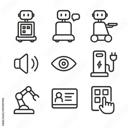 Robot Icons Grid. Outline icon set of Service and Companion Robots: touchscreen panel, speech bubble icon, wheelbase, delivery