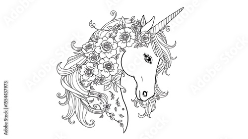 Elegant line art illustration of a floral crowned unicorn head detailed black and white drawing