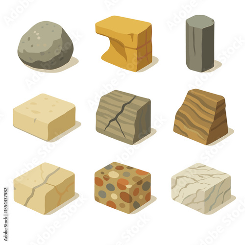 Rock Formation Icons. Isometric Flat icon set of rock types and formations: granite boulder, sandstone overhang, basalt column,