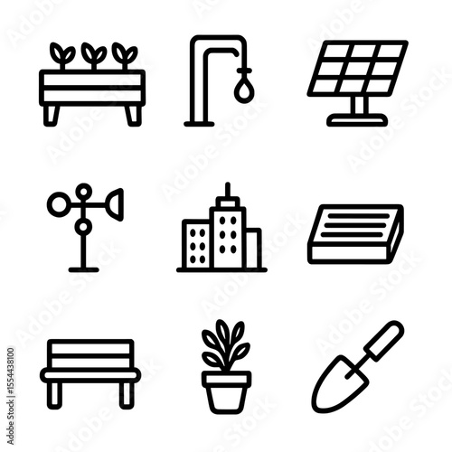 Rooftop Garden Icons. Outline icon set of Rooftop Urban Gardens: raised planter box, irrigation drip line, solar panel, wind gauge