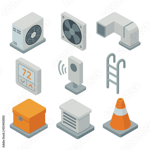 Rooftop HVAC Icon Set. Isometric Flat icon set of rooftop HVAC systems: air conditioning unit, ventilation fan, ductwork,