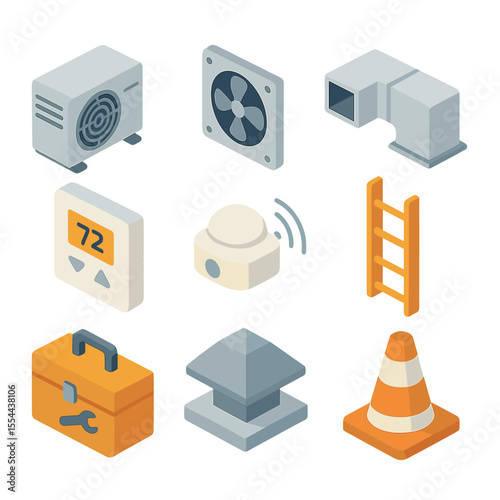 Rooftop HVAC Icon Set. Isometric Flat icon set of rooftop HVAC systems: air conditioning unit, ventilation fan, ductwork,