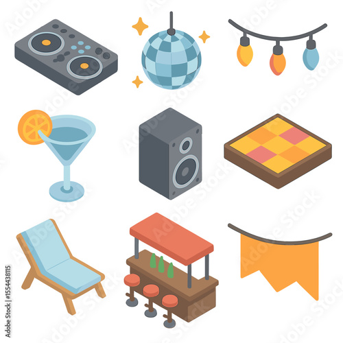 Rooftop Party Icons. Isometric Flat icon set of rooftop party: DJ deck, disco ball, string lights, cocktail glass, speaker, dance