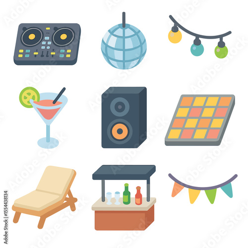 Rooftop Party Icons. Isometric Flat icon set of rooftop party: DJ deck, disco ball, string lights, cocktail glass, speaker, dance