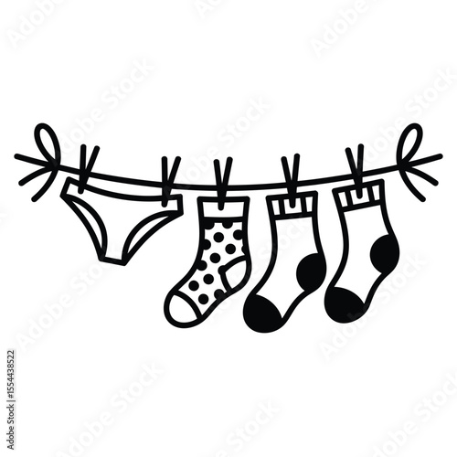 Clothesline with Underwear and Socks Hanging to Dry Black and White