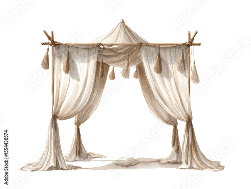 Soft watercolor beach canopy tent with billowing muslin curtains and neutral boho seaside setting on white background