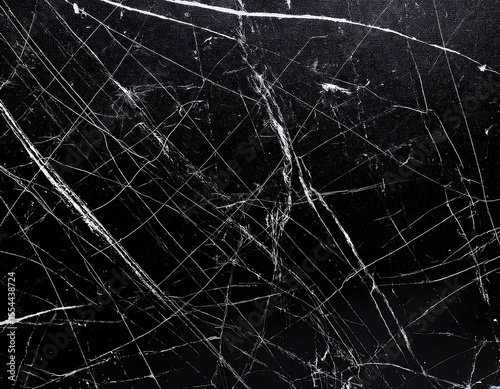 Grungy black surface with numerous white scratches and dust particles, creating a distressed and textured overlay for abstract or vintage designs.