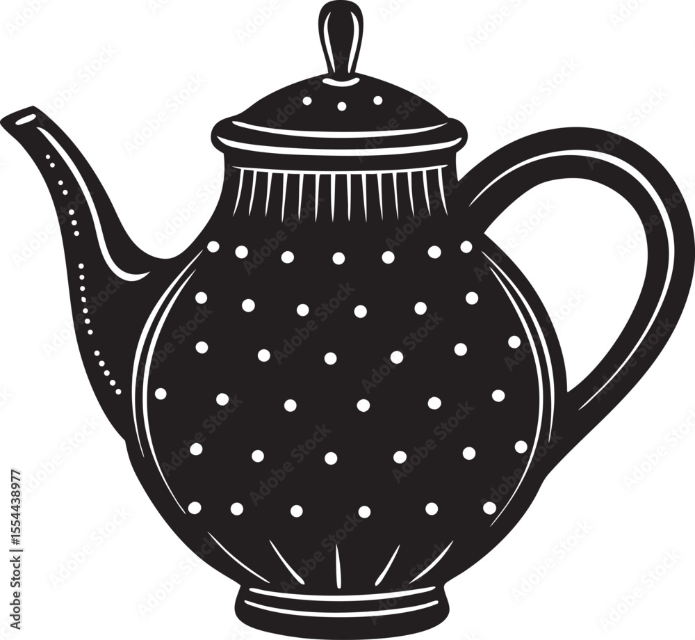 Black teapot with white dots and stripes pattern