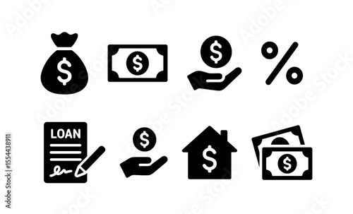 Financial symbols set: money bag, dollar bill, coin, percentage, loan document, house, cash
