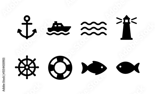 Nautical icons collection: anchor, ship, waves, lighthouse, helm, lifebuoy, fish
