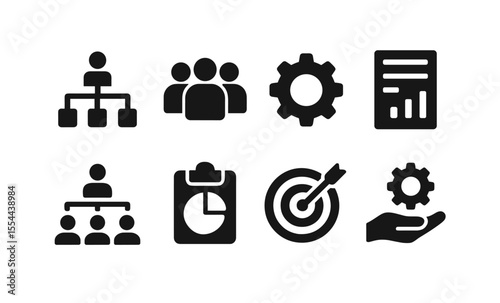 Business and management icon set: teamwork, strategy, and organization symbols