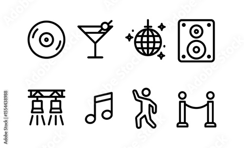 Black and white icons of party elements with disco ball, martini glass, and speaker