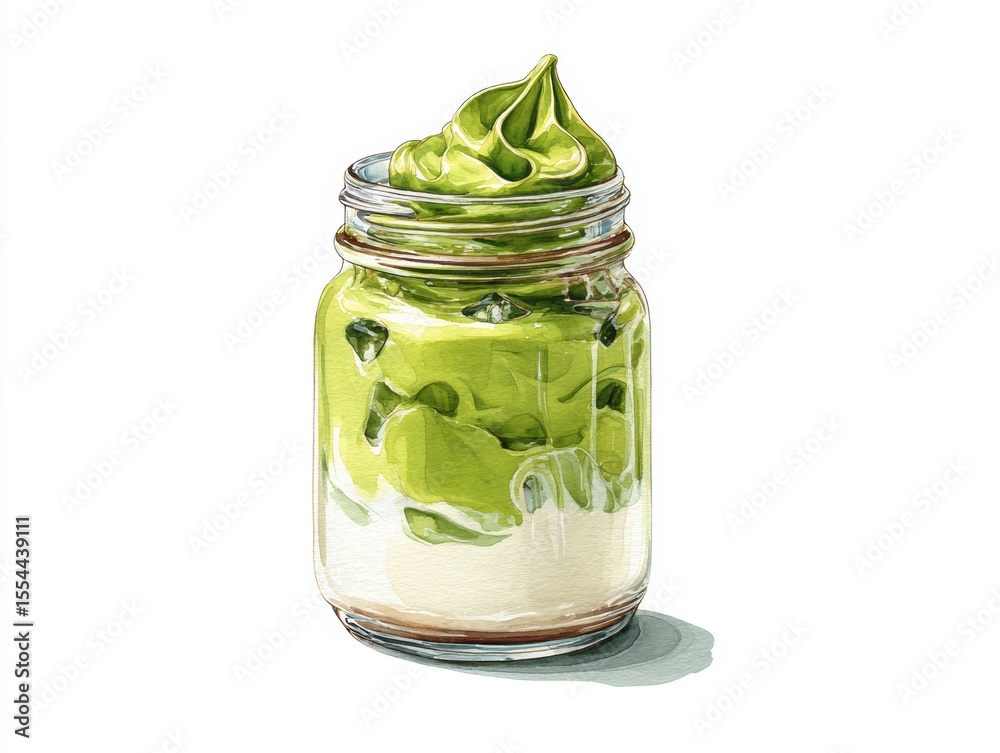 Watercolor illustration of refreshing iced matcha dalgona swirl with oat milk in glass jar on clean white background Watercolor illustration of refreshing iced matcha dalgona swirl with oat milk in glass jar on clean white background