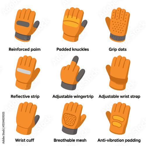 Safety Glove Icons. Isometric Flat icon set of safety glove features: reinforced palm, padded knuckles, grip dots, reflective