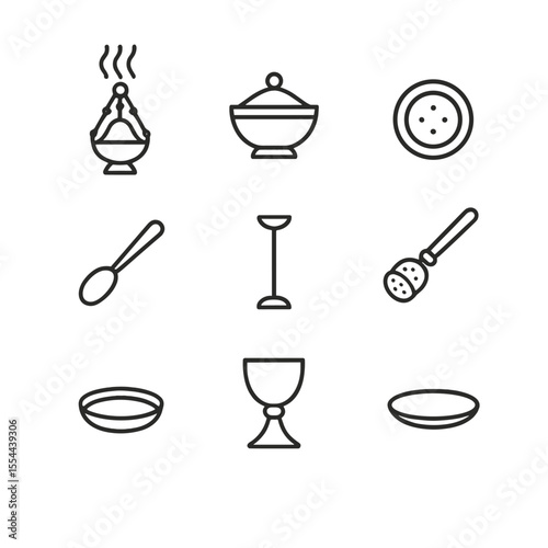 Sacred Symbols Icons. Outline icon set of Incense and Offering Items: thurible, incense boat, charcoal disk, incense spoon, censer