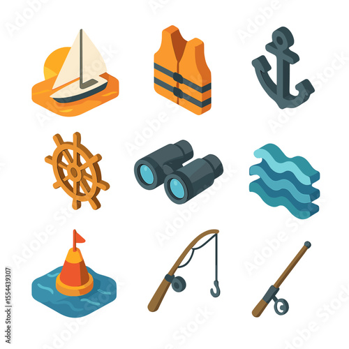 Sailing Icons at Sunset. Isometric Flat icon set of boat sailing at sunset: sailboat, life jacket, anchor, captain’s wheel,