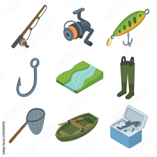 Salmon Fishing Icons. Isometric Flat icon set of salmon fishing and catching: fishing rod, spinning reel, salmon lure, fish hook,