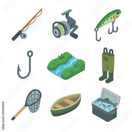 Salmon Fishing Icons. Isometric Flat icon set of salmon fishing and catching: fishing rod, spinning reel, salmon lure, fish hook,