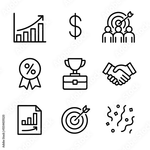 Sales Team Icons. Outline icon set of sales team target achievement: sales graph, dollar sign, team goal chart, commission badge,
