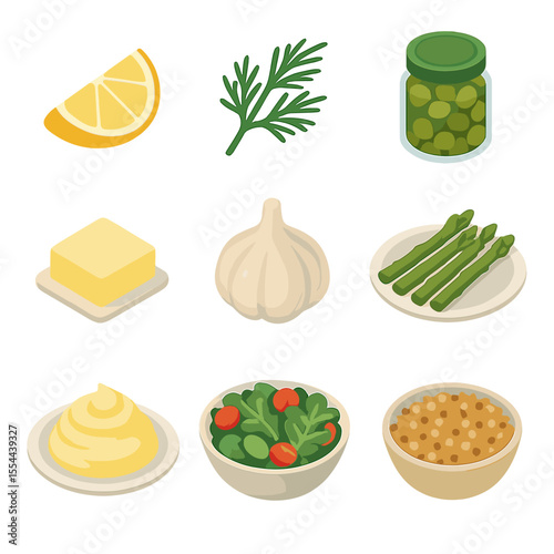 Salmon Side Dishes Icons. Isometric Flat icon set of salmon side dishes and accompaniments: lemon wedge, dill sprig, caper jar,