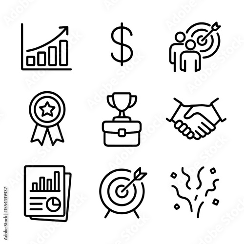 Sales Team Icons. Outline icon set of sales team target achievement: sales graph, dollar sign, team goal chart, commission badge,