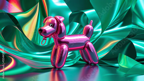 Pink foil balloon dog standing on reflective surface with turquoise drapes