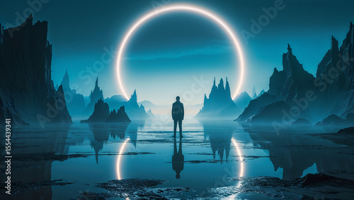 Businessman contemplating glowing portal in surreal landscape