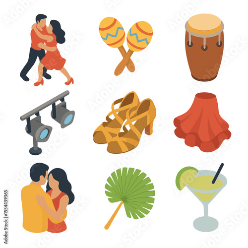 Salsa Dance Icon Set. Isometric Flat icon set of salsa dance ensemble: salsa dancer pair, maracas instrument, conga drum, stage