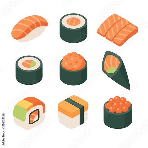Salmon Sushi Icon Set. Isometric Flat icon set of salmon sashimi and sushi varieties: salmon nigiri, salmon maki roll, salmon