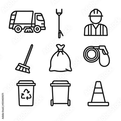 Sanitation Icon Set. Outline icon set of Sanitation Cleanup Scene: street sweeper truck, trash grabber tool, worker in safety vest