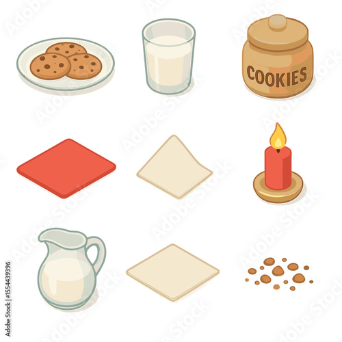 Santa's Cookie Station. Isometric Flat icon set of Santa’s cookies and milk station: plate of cookies, glass of milk, cookie jar,
