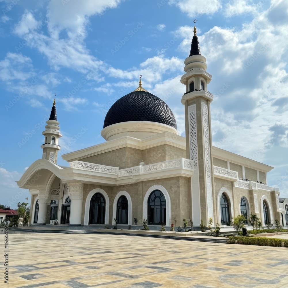 Fototapeta premium Majestic Mosque under Blue Sky Elegant Beige Facade Black Dome Intricate Details.