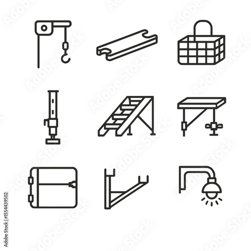 Scaffold Accessories Icon Set. Outline icon set of Scaffold Modular Accessories and Add-ons: scaffold hoist, workbench plank,