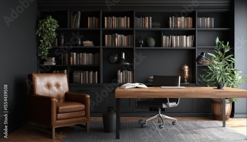 A sophisticated dark home office and library space, featuring a classic wooden desk and comfortable leather armchair.