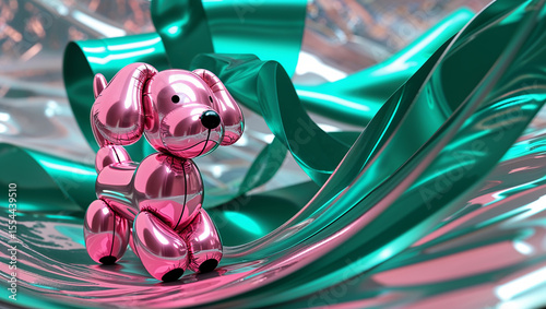 Pink inflatable dog walking on abstract turquoise ribbons