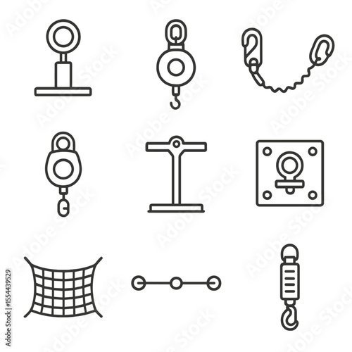Scaffold Safety Icons. Outline icon set of Scaffold Fall Protection Systems: lifeline anchor, personal fall limiter,