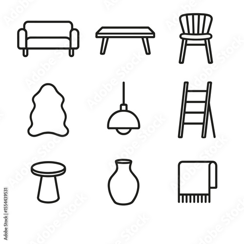 Scandinavian Furniture Icons. Outline icon set of Scandinavian Furniture Pieces: minimalist sofa, teak coffee table, birch wood