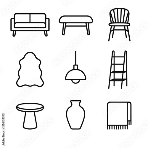 Scandinavian Furniture Icons. Outline icon set of Scandinavian Furniture Pieces: minimalist sofa, teak coffee table, birch wood