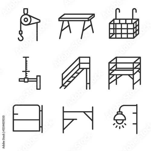 Scaffold Accessories Icon Set. Outline icon set of Scaffold Modular Accessories and Add-ons: scaffold hoist, workbench plank,
